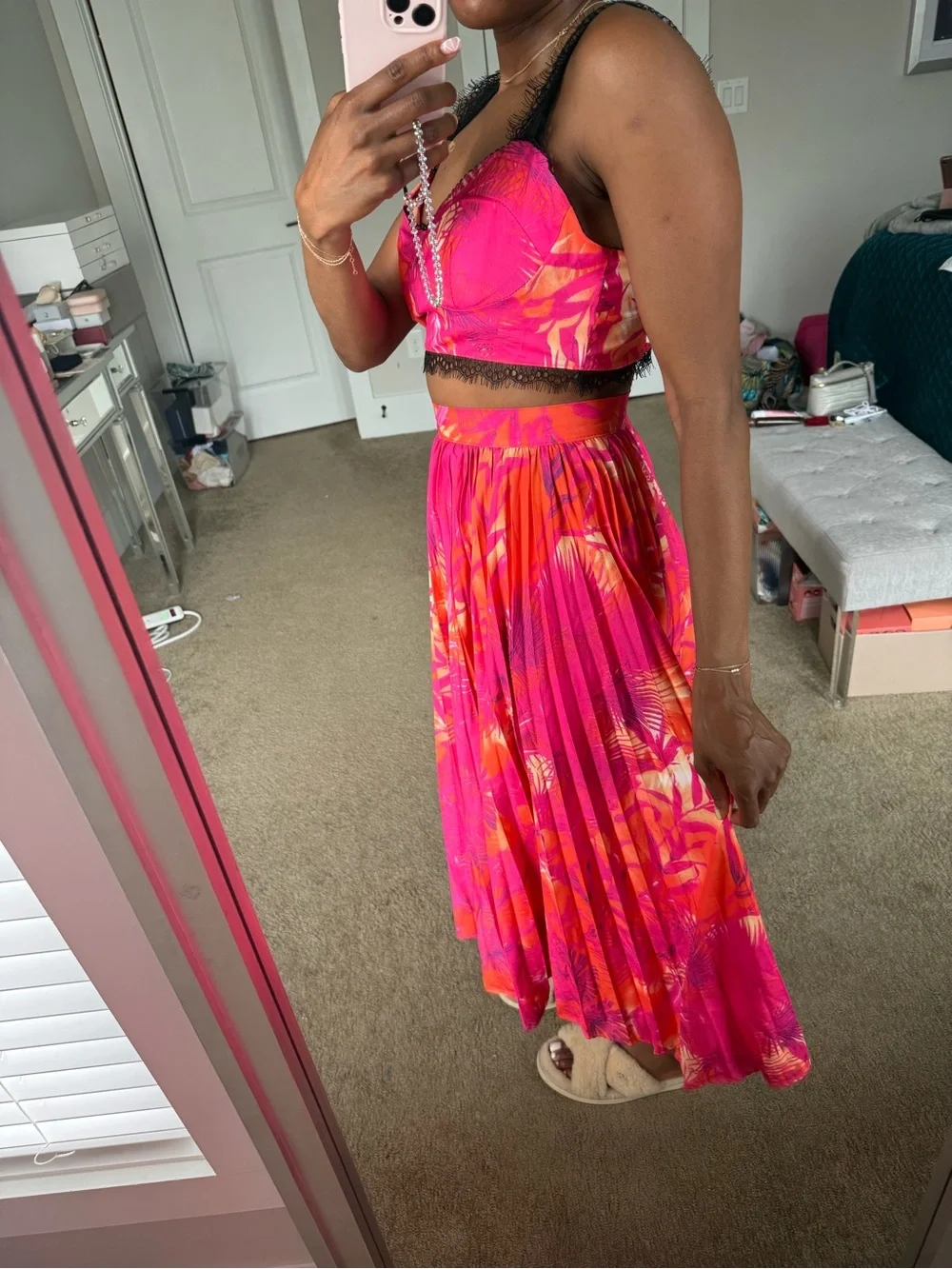 Bright Pink Tropical Print Pleated Midi Skirt and Matching Crop Top Set